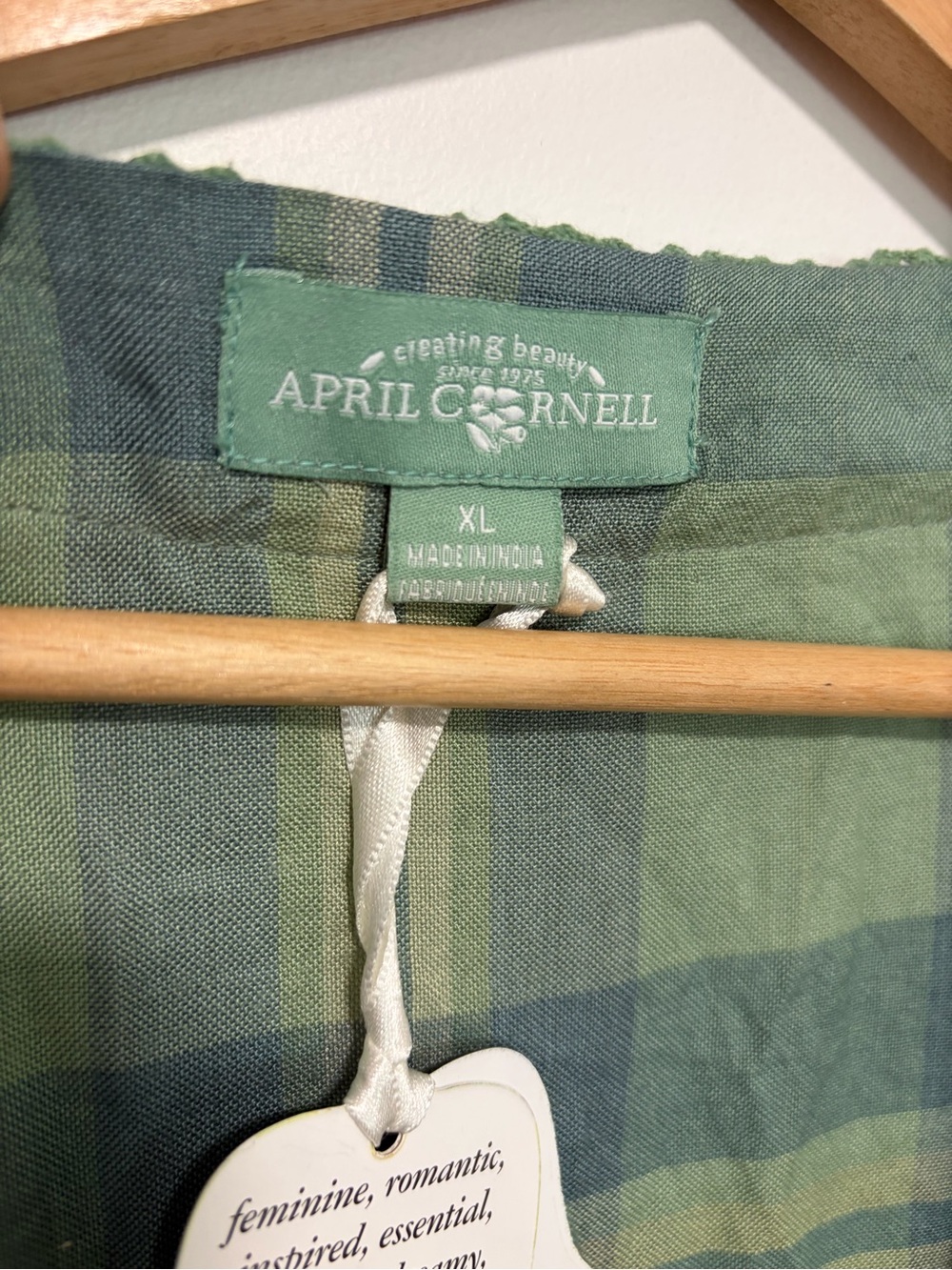April Cornell Sage River Plaid Cotton Crochet Lace Tunic Boho Cottagecore XL - Picture 5 of 7